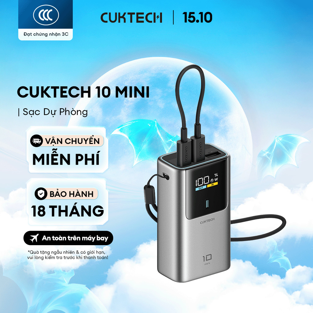 CUKTECH 10 MINI Sạc Di Động 2C1A | Sạc Nhanh 55W Max | Dung Lượng 10.000mAh | Bảo Hành 18 Tháng PB1055