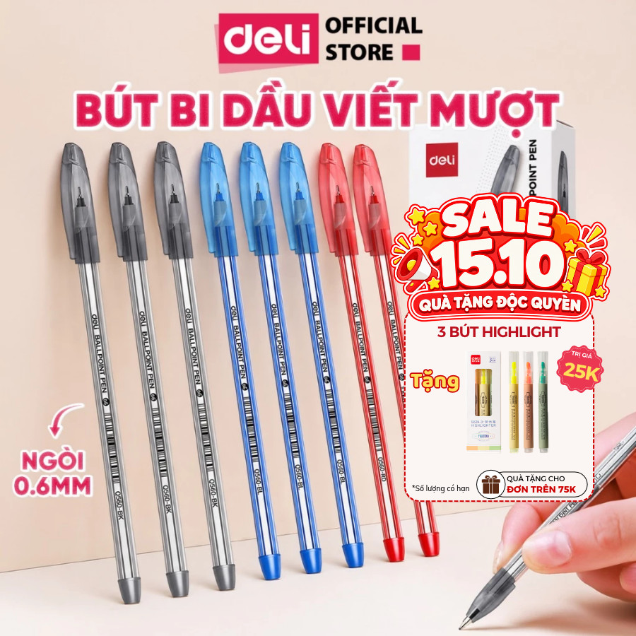 Combo 5/10/20 Bút Bi Dầu Deli Ngòi 0.6mm Bút Bi Nến Q560 EQ560 Mực Xanh Đen Đỏ Đậm Nét Viết Mượt