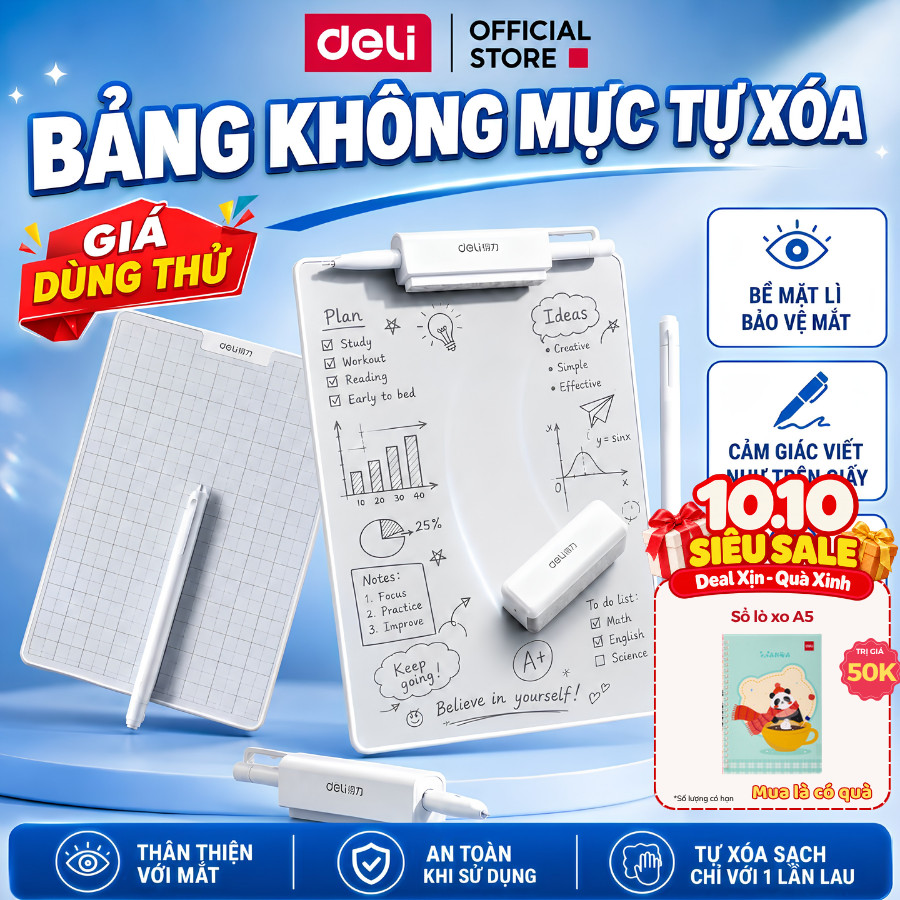 Bảng Tự Xóa Không Mực Deli - Bảng Trơn/ Ô Ly Màn Hình Nhám Kèm Bút Ngòi 0.65mm, Bảo Vệ Mắt