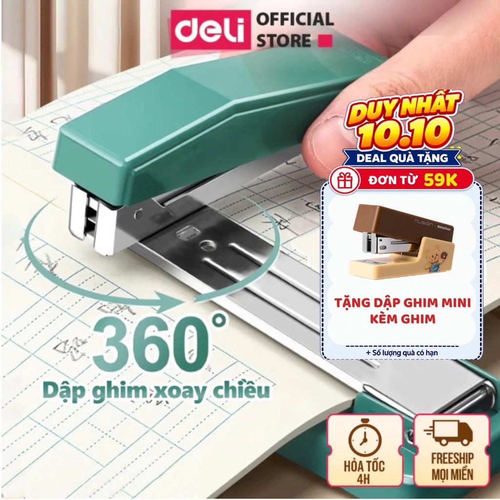 Dập ghim ghim bấm xoay chiều 360 độ 100 Trang Deli cao cấp sử dụng học sinh văn phòng