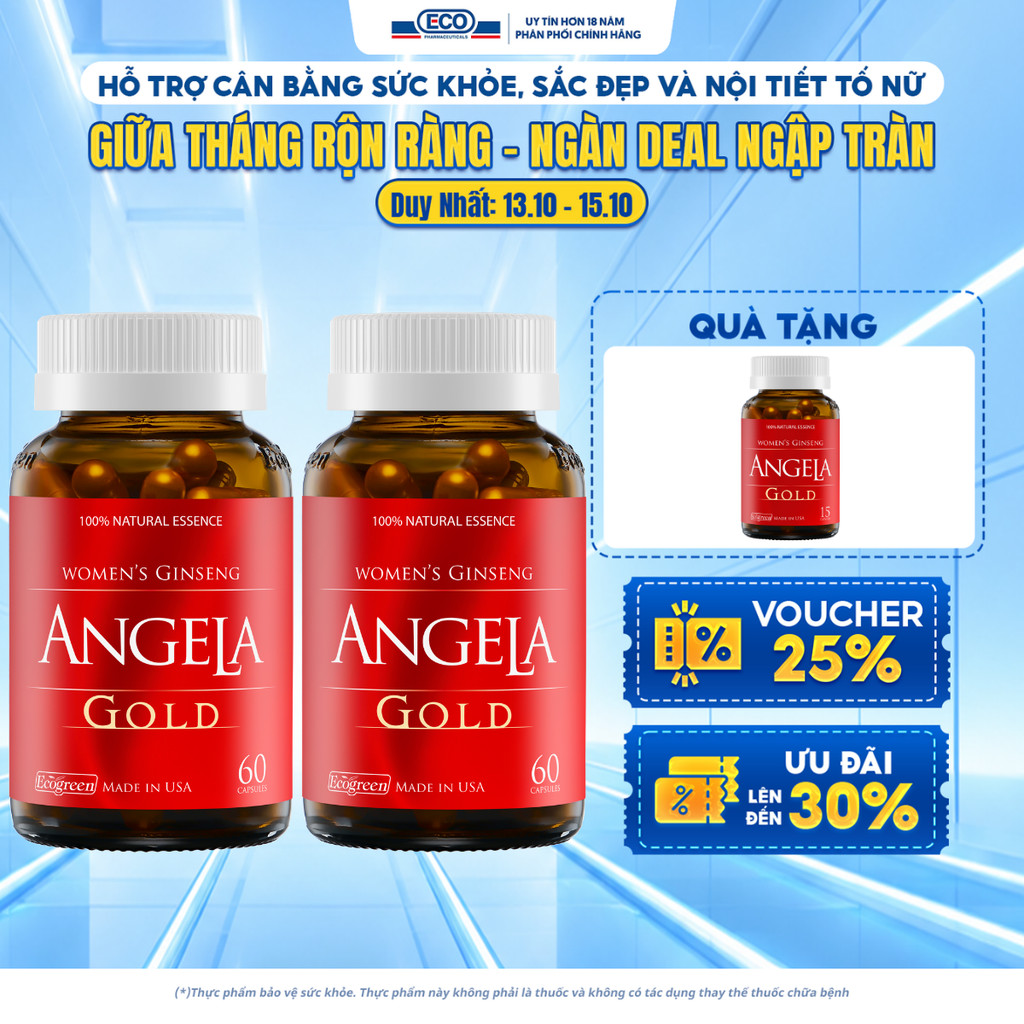 [Tặng Angela 15v] Combo 2 Hộp 60v - Viên Uống ANGELA GOLD Hỗ Trợ Sức Khỏe, Nội Tiết Tố, Đẹp Da Và Sinh Lý Nữ Từ Mỹ