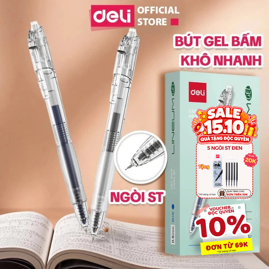 [TRỢ GIÁ EG08S] Hộp 12 Bút Gel Bấm EG08S Deli Ngòi ST 0.5mm Nhanh Khô Mực Xanh Đen Đỏ Đều Mực Có Đệm Tay