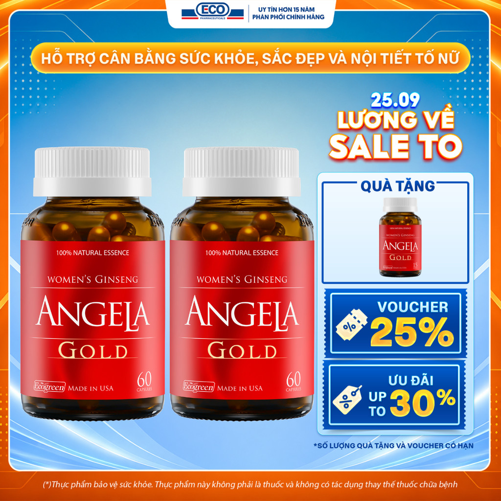 [Tặng Angela 15v] Combo 2 Hộp 60v - Viên Uống ANGELA GOLD Hỗ Trợ Sức Khỏe, Nội Tiết Tố, Đẹp Da Và Sinh Lý Nữ Từ Mỹ