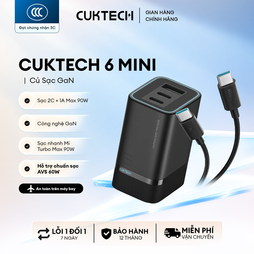 Củ Sạc GaN CUKTECH 6 MINI 2C1A | AVS 60W | Hỗ Trợ Sạc Nhanh | Công Suất 90W | Thiết Kế Nhỏ Gọn | Bảo Hành 18 Tháng AD653