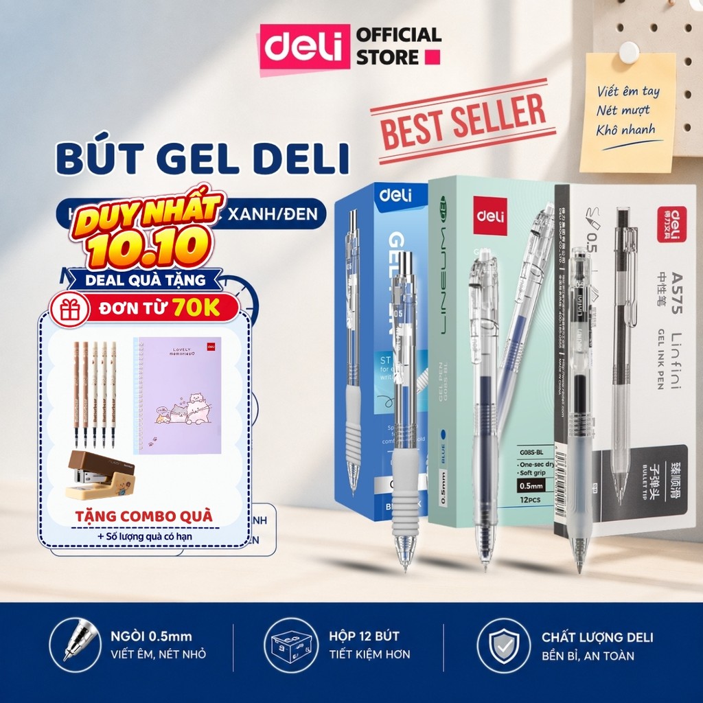 [🔥DEAL 25K] Hộp 12 Bút Gel Bấm Deli A575 Mực Xanh Đen Ngòi 0.5mm Nhanh Khô Viết Trơn Cho Học Sinh Văn Phòng