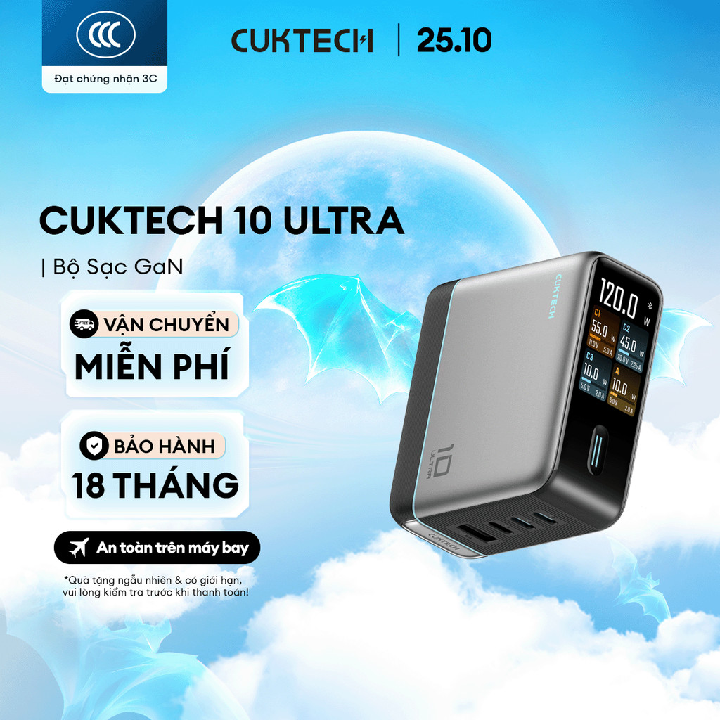 Củ Sạc GaN CUKTECH 10 ULTRA 3C1A | Công Suất 120W | Hỗ Trợ Sạc Nhanh | Bảo Hành 18 Tháng AD1204U