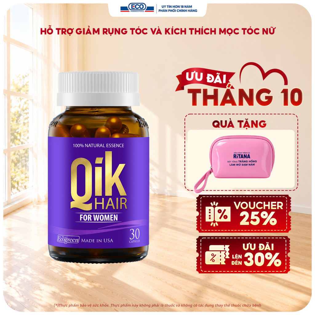 [Hộp 30v] Viên Uống Kích Thích Mọc Tóc Qik Hair For Women Ecogreen Giảm Rụng Tóc Cho Nữ