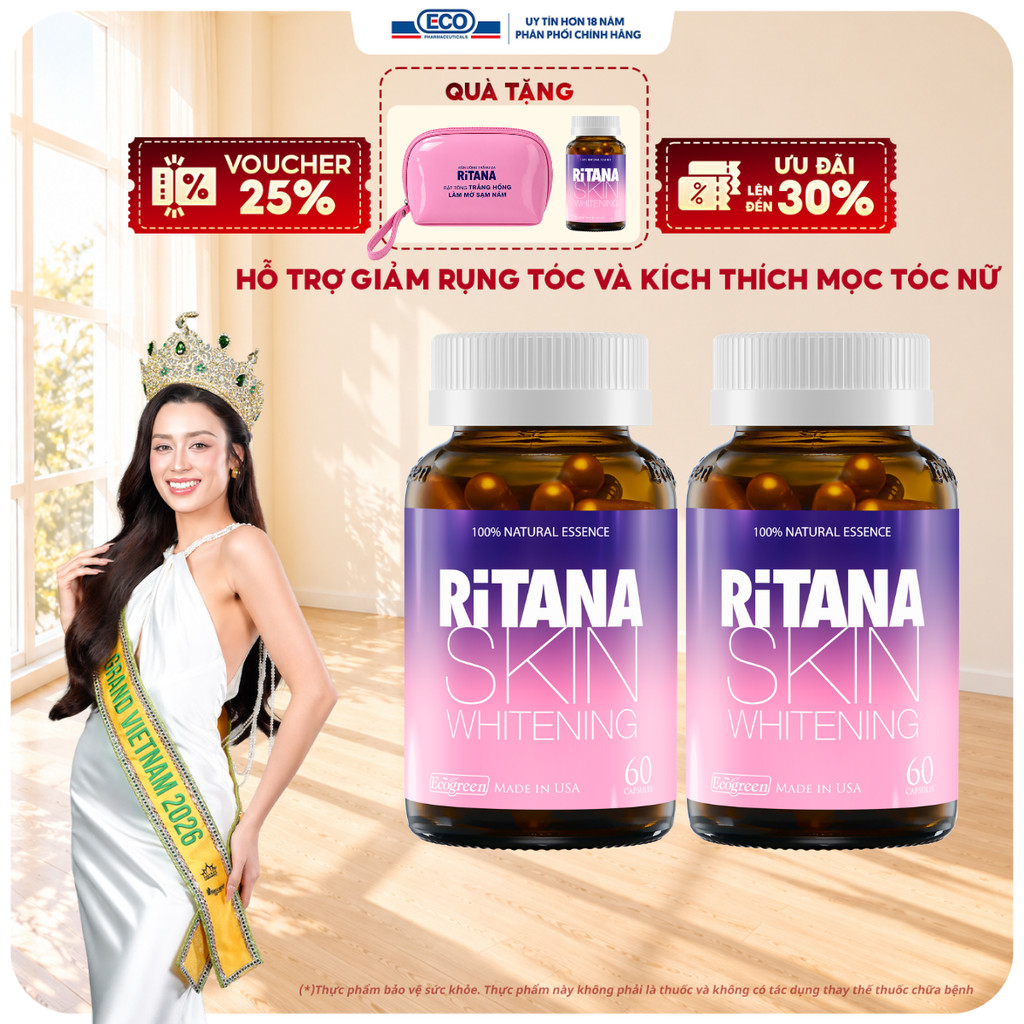 [Tặng Hộp 15v] Combo 2 Chai 60v – Viên Uống Trắng Da Ritana Ecogreen Glutathione, Mờ Nám, Chống Nắng