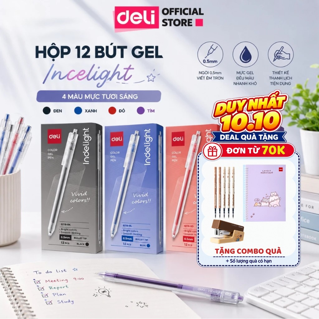 [🔥10/10 DEAL SỐC] Hộp 12 Bút Gel Bấm Deli EG118 Ngòi 0.5mm Bút Bi Nước Mực Đậm Mượt Cho Học Sinh Văn Phòng