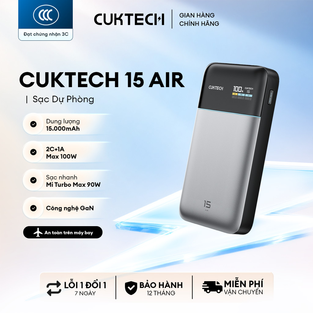 CUKTECH 15 AIR Sạc Di Động 2C1A | Công Suất 100W Max | Dung Lượng 15.000mAh | Bảo Hành 18 Tháng PB150S | BigBuy360 - bigbuy360.vn
