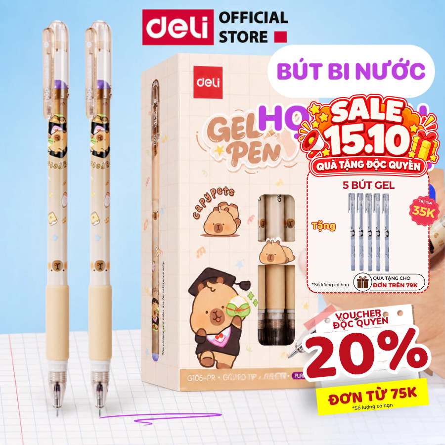 Set 5/10/20 Bút Bi Nước Học Sinh Capybara Deli Ngòi 0.5mm Mực Tím Xanh EG106 - Bút Gel Đệm Cao Su Cho Bé Cấp 1