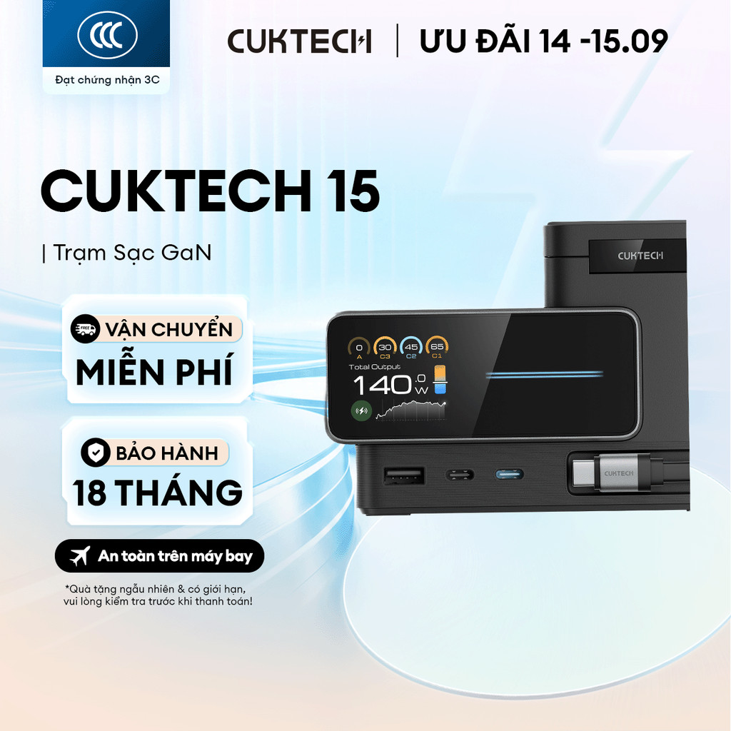 Trạm Sạc GaN CUKTECH 15 6in1 | Công Suất Max 140W | Màn Hình 1.83 Inch | Bảo Hành 18 Tháng TA1406U