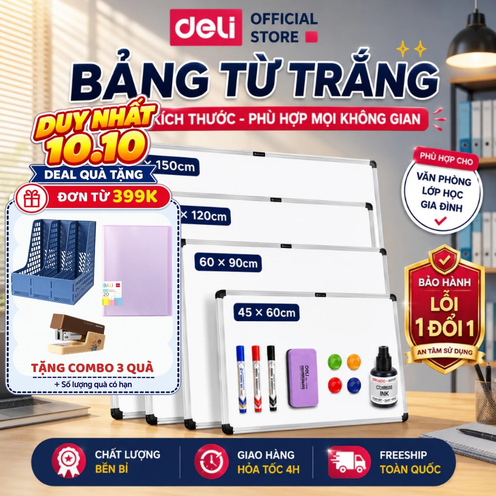 [🔥10/10 DEAL 399K] Bảng Từ Trắng Treo Viết Bút Lông Deli Bảng Mica Nam Châm Kèm Khay Đựng Học Sinh Văn Phòng