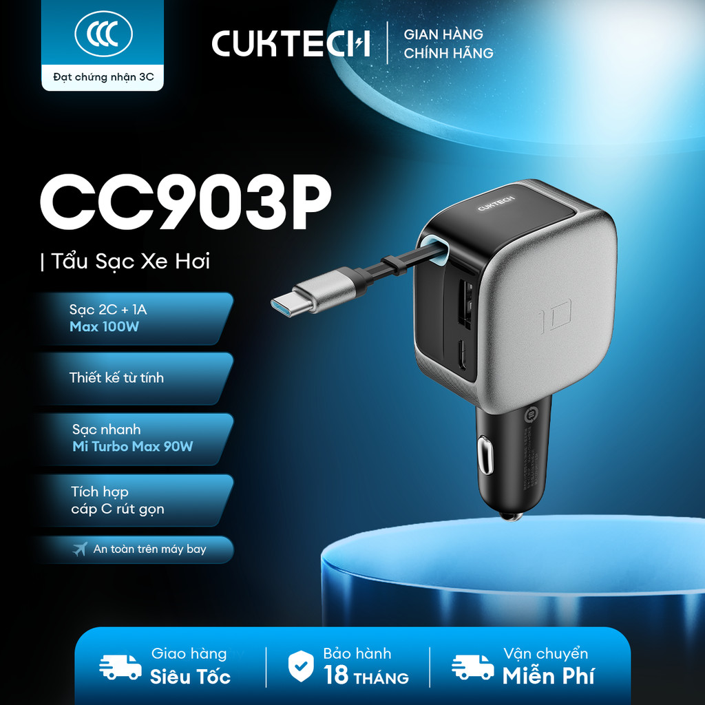 Bộ Tẩu Sạc Xe Hơi CUKTECH CC903P Kèm Cáp C Rút Gọn | 2C1A Công Suất Sạc Max 100W | Bảo hành 18 Tháng