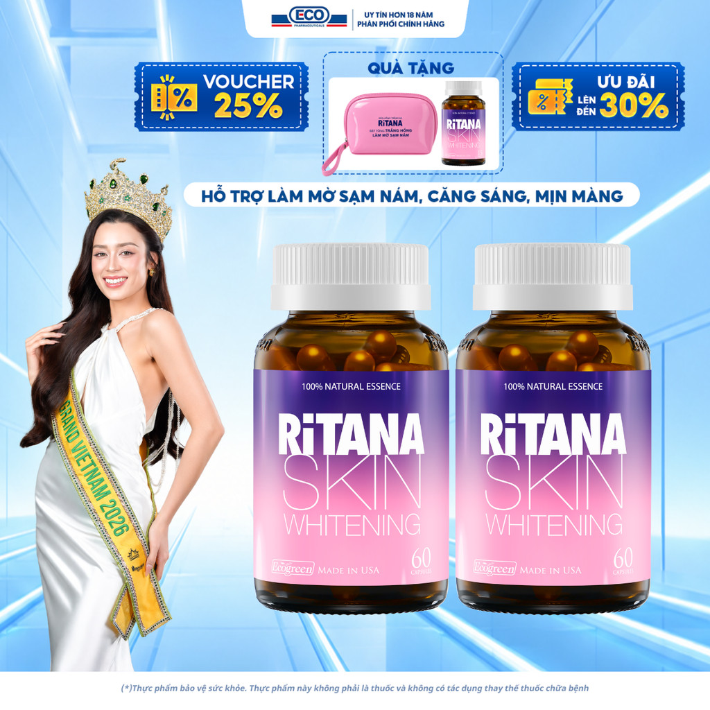 [Tặng Hộp 15v] Combo 2 Chai 60v – Viên Uống Trắng Da Ritana Ecogreen Glutathione, Mờ Nám, Chống Nắng