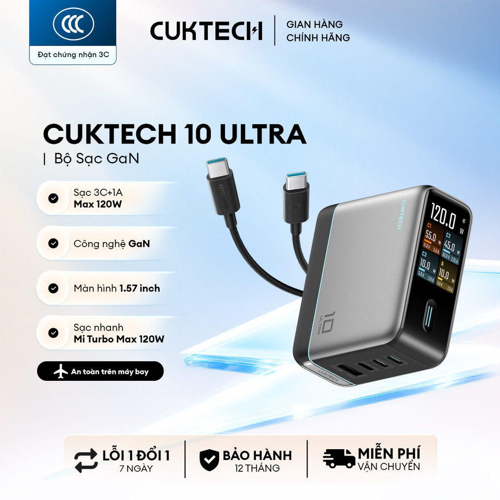Củ Sạc GaN CUKTECH 10 ULTRA 3C1A | Công Suất 120W | Hỗ Trợ Sạc Nhanh | Bảo Hành 18 Tháng AD1204U