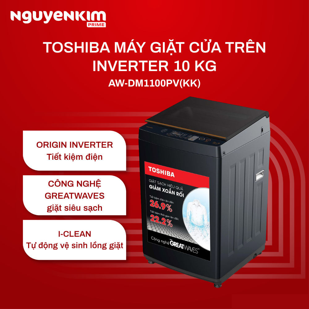 [Phí Lắp đặt 0Đ HN HCM] Máy giặt cửa trên Toshiba Inverter 10 kg AW-DM1100PV(KK)