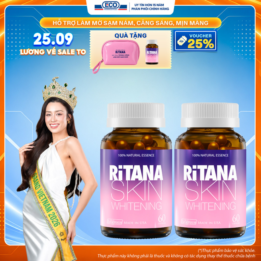 [Tặng Hộp 15v] Combo 2 Chai 60v – Viên Uống Trắng Da Ritana Ecogreen Glutathione, Mờ Nám, Chống Nắng