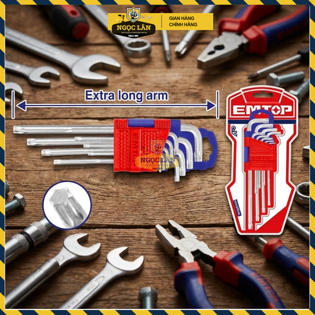 Bộ Lục Giác Đầu Bi Dài EMTOP 9 Chi Tiết, Thép Cr-V Chuyên Dụng Bền Bỉ