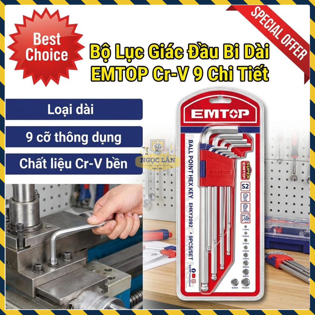 Bộ Lục Giác Đầu Bi Dài EMTOP 9 Chi Tiết, Thép Cr-V Chuyên Dụng Bền Bỉ