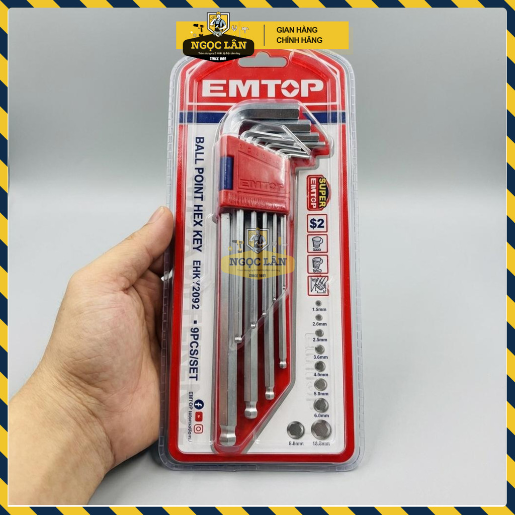 Bộ Lục Giác Đầu Bi Dài EMTOP 9 Chi Tiết, Thép Cr-V Chuyên Dụng Bền Bỉ