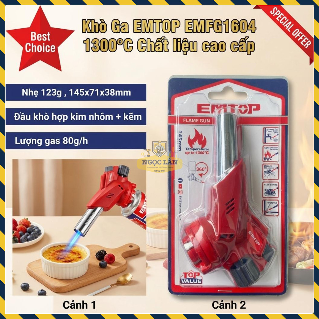 Khò Gas Đầu Khò Ga EMTOP Cao Cấp EMFG1604 Điều Chỉnh Nhiệt Độ Đa Năng Cho Hộ Gia Đình Và Nhà Hàng