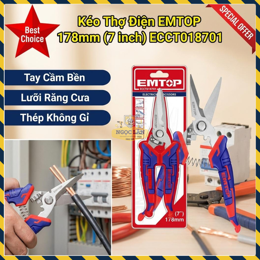 Kéo Thợ Điện EMTOP Chuyên Dụng, Lưỡi Thép Không Gỉ Có Răng Cưa, Tay Cầm Công Thái Học 178mm (7")