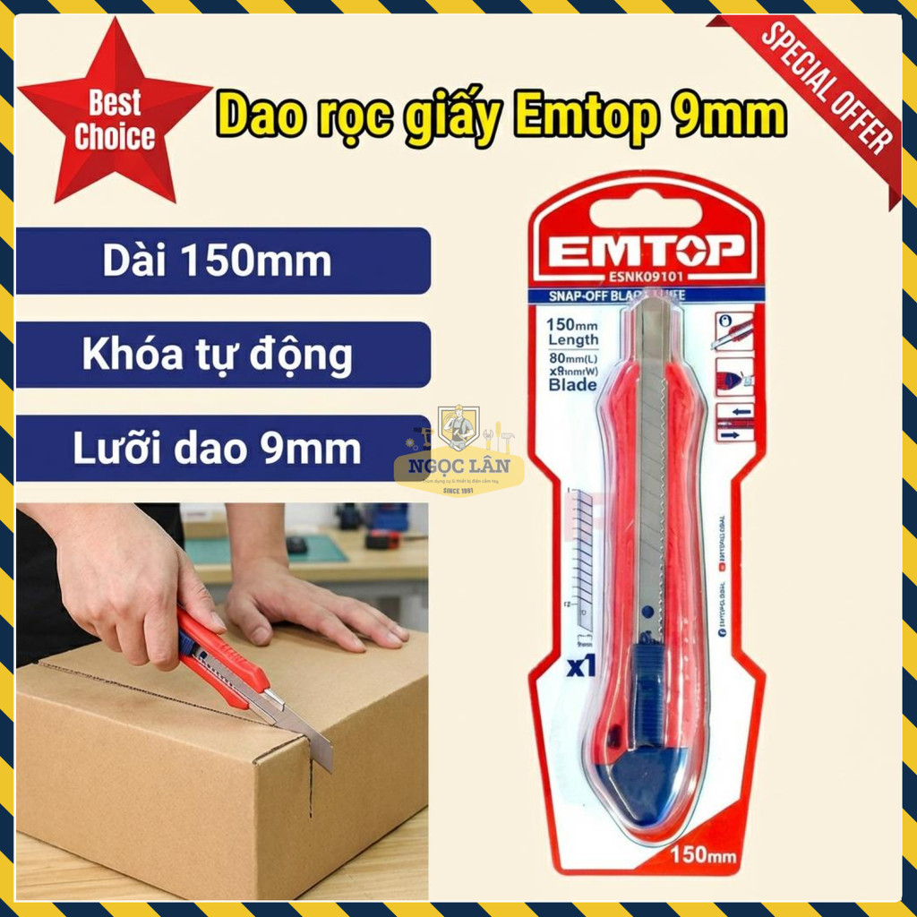 Dao Rọc Giấy Emtop Lưỡi 9mm, Khóa Tự Động, Dài 150mm