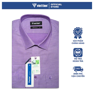VIETTIEN SALE - Áo Sơ Mi Việt Tiến Dài Tay, Violet, Họa Tiết Hoa Văn, Form Regular Fit Lai Bầu