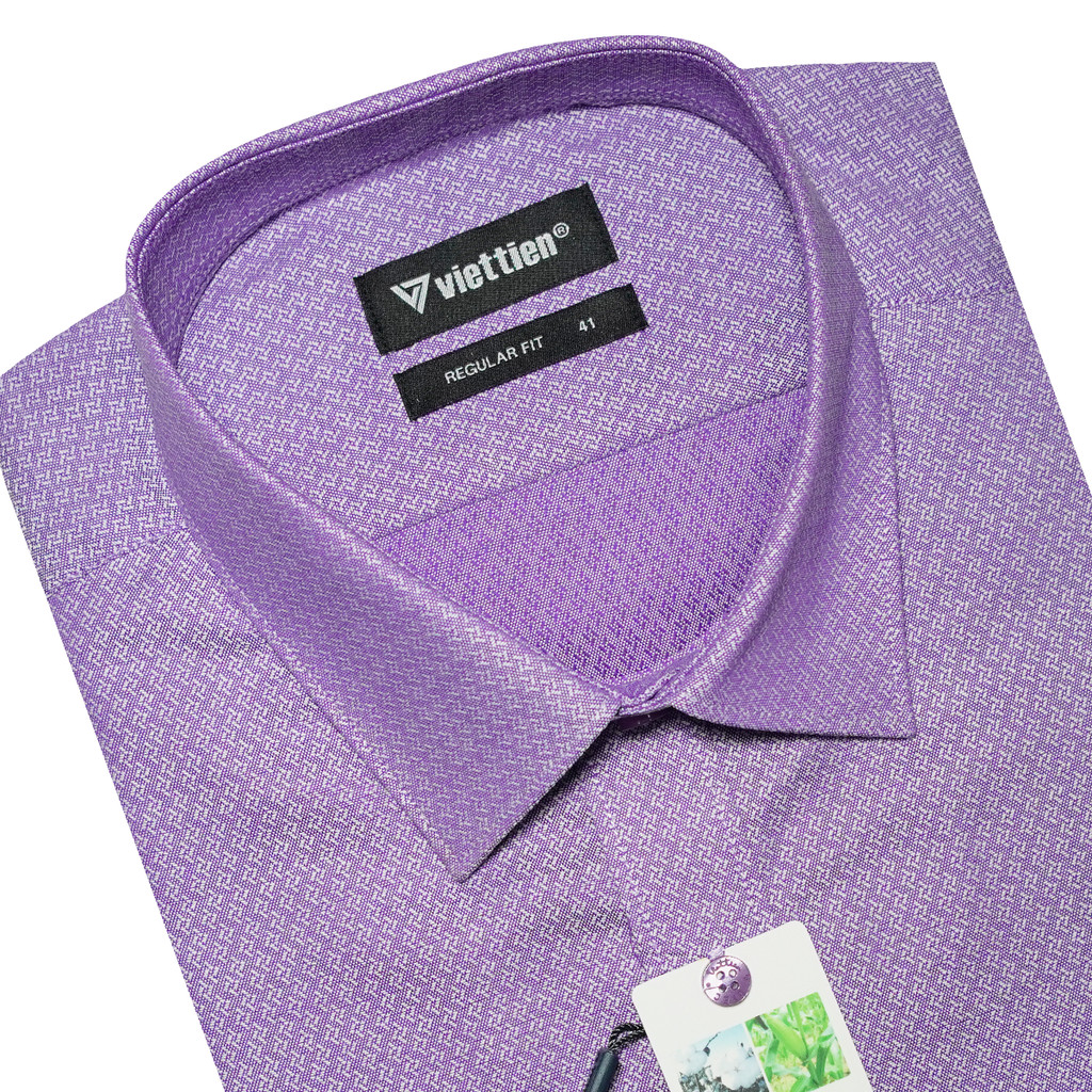 VIETTIEN SALE - Áo Sơ Mi Việt Tiến Dài Tay, Violet, Họa Tiết Hoa Văn, Form Regular Fit Lai Bầu