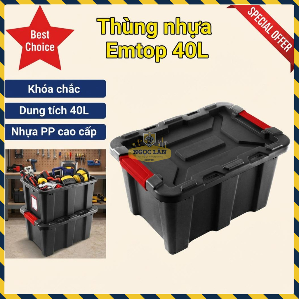 Thùng Nhựa Đựng Đồ 40L Emtop Chất Liệu PP Bền Bỉ