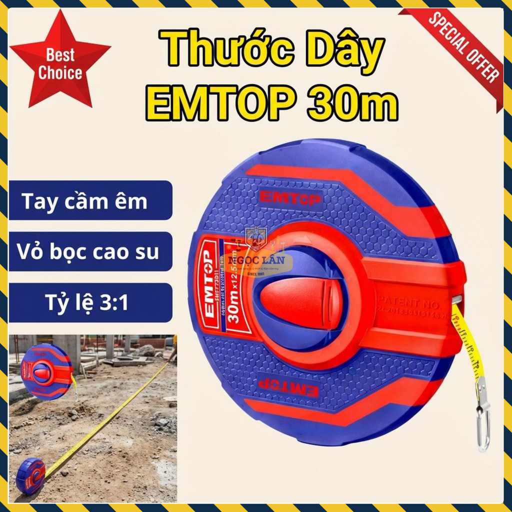 Thước Dây Cuộn 30m EMTOP, Tỷ Lệ 3:1, Vỏ Bọc Cao Su