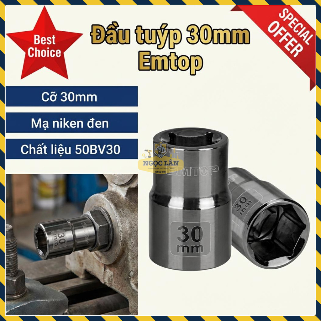 Đầu Tuýp 30mm 1/2 Inch Emtop 6pt Cr-V Mạ Niken Đen