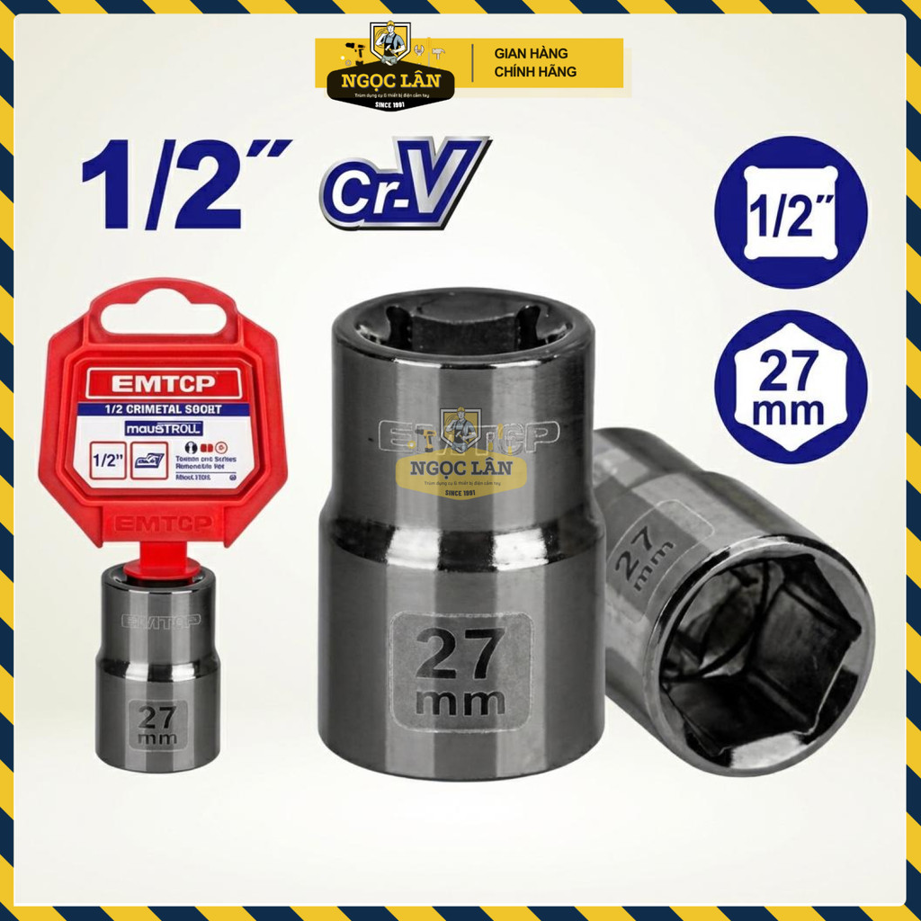 Đầu Tuýp 1/2" Emtop 27mm, Mạ Niken Đen, Chống Gỉ Sét