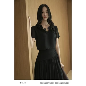 Áo chiffon đen cuốn hoa cổ thiết kế Elise mã sản phẩm FS2512268TSWOBK