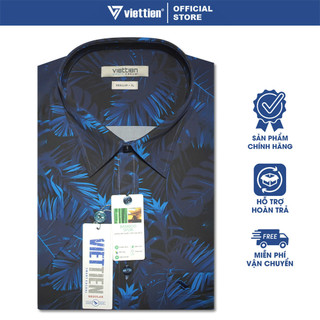 VIETTIEN SALE - Áo Sơ Mi VIETTIEN Ngắn Tay, Màu Xanh Đen, Họa Tiết Lá, Form Regular Lai Ngang