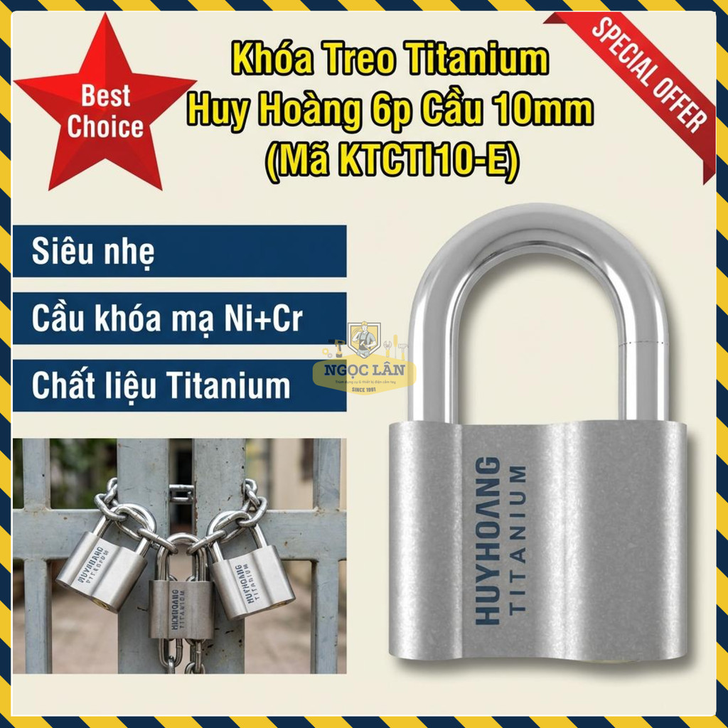 [Siêu Nhẹ] Khóa Treo Titanium Huy Hoàng 6 Phân Cầu 10mm Chính Hãng (Mã KTCTI10-E)