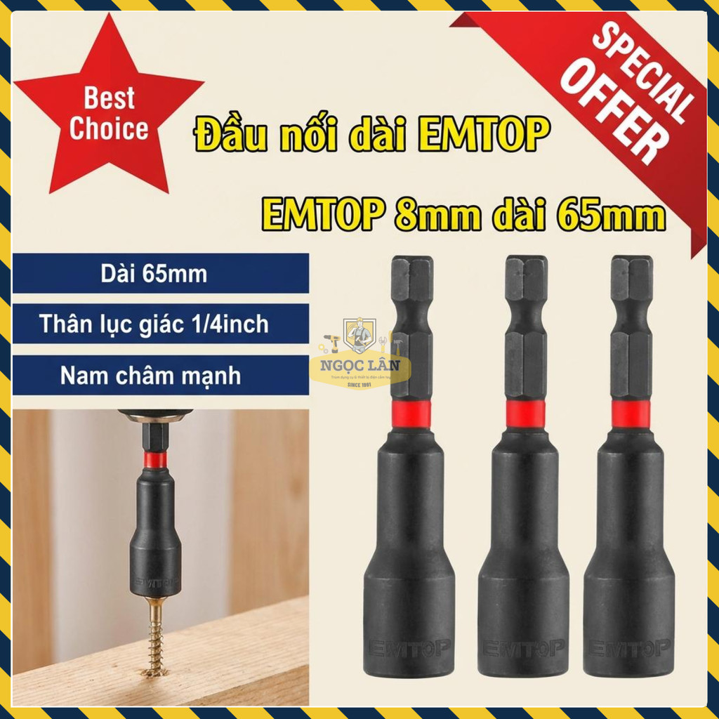 Bộ 3 Đầu Nối Dài Chân Lục Giác EMTOP  8mm, dài 65mm, Nam Châm Mạnh