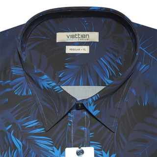 VIETTIEN SALE - Áo Sơ Mi VIETTIEN Ngắn Tay, Màu Xanh Đen, Họa Tiết Lá, Form Regular Lai Ngang