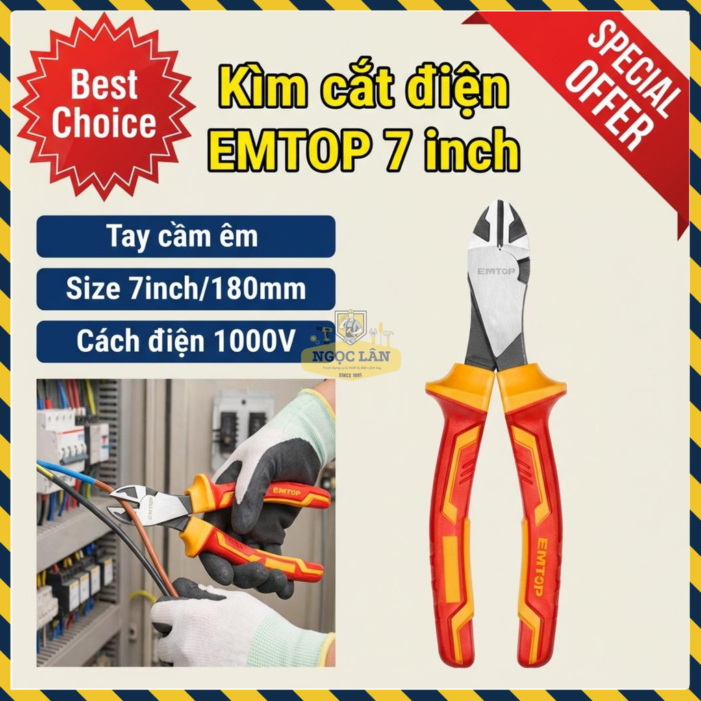 Kìm Cắt Cách Điện EMTOP 7"/180mm, 1000V