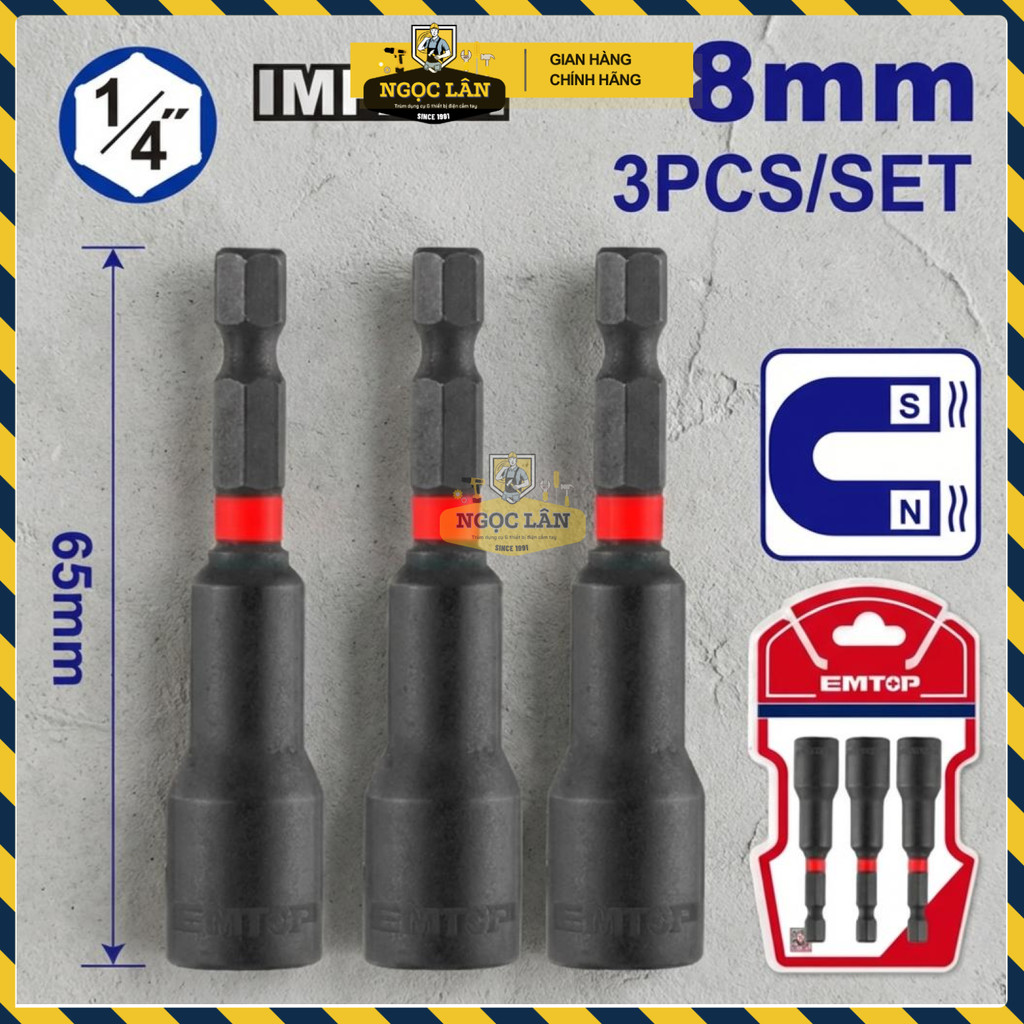 Bộ 3 Đầu Nối Dài Chân Lục Giác EMTOP  8mm, dài 65mm, Nam Châm Mạnh