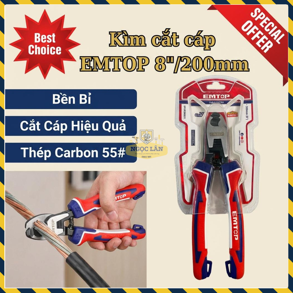Kìm Cắt Cáp EMTOP 8''/200mm, Thép Carbon 55#, Hoàn Thiện Đen Bóng