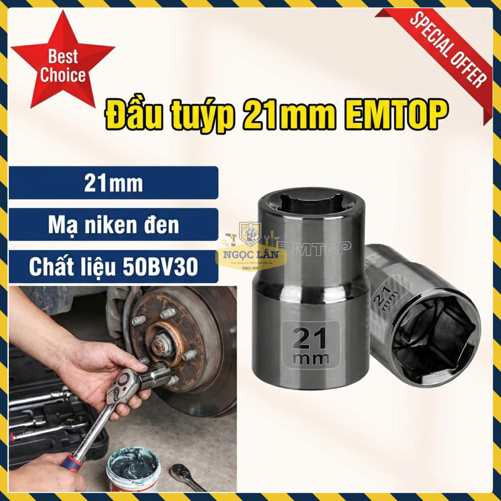 Đầu Tuýp 21mm 1/2" EMTOP Chất Liệu 50BV30 Mạ Niken Đen