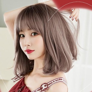 Tóc giả nữ nguyên đầu cao cấp nâu hồng, tóc ngang vai, cụp đuôi, mái thưa giống tóc thật Hamin