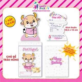 Thiệp sinh nhật, thiệp mời thôi nôi cao cấp cho bé gái HAPPY PARTY giấy nhập khẩu cao cấp kt 10.5 x 15 cm