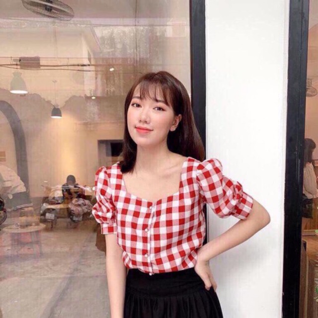 Sơ mi nữ cổ vuông tay lỡ Gorogi, Áo sơ mi kẻ dáng suông Gorogi chất thô tre thoáng mát