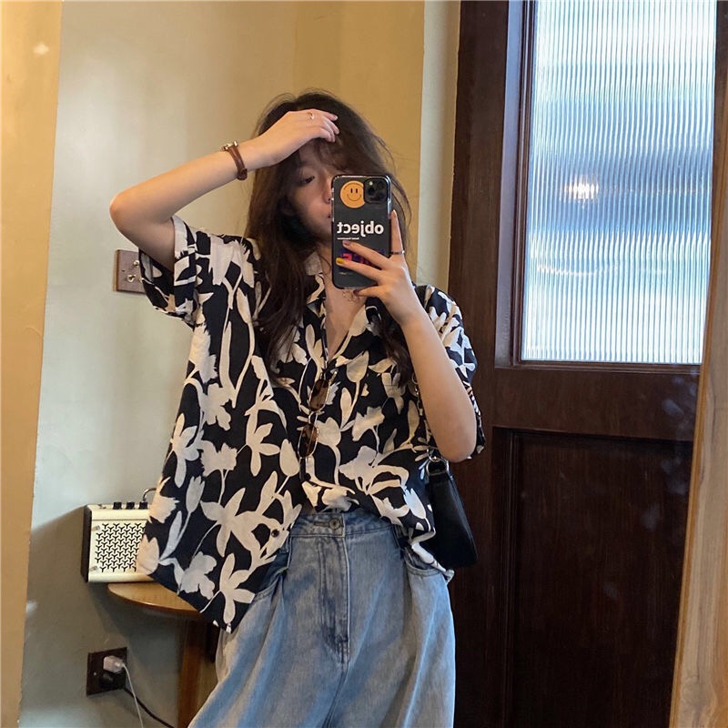 Áo sơ mi SUXI tay ngắn họa tiết hoa phong cách retro thời trang cho nữ