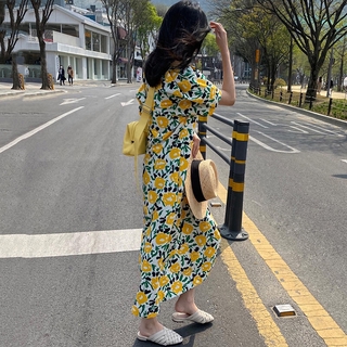 Đầm Dài Dáng Rộng Tay Phồng Ngắn In Hoa Thời Trang Hàn Quốc Cho Nữ