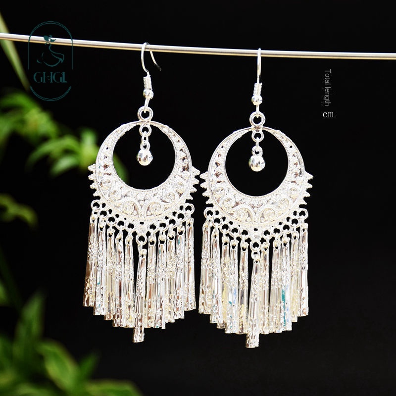 GHGl Đa Dạng Retro Miaodong Hoa Bạc Bông Tai Tua Rua Lụa Phong Cách Dài Sang Trọng Phù Hợp Với Mọi Trận Đấu Có Thể Thay Đổi Mà Không Cần Xuyên Tai Kẹp