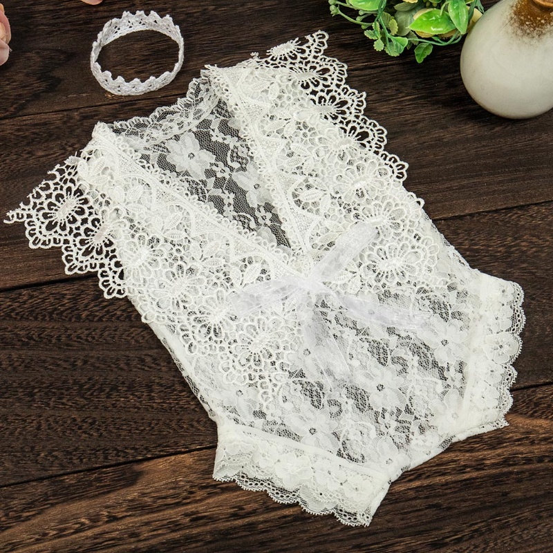 Innlike1 Đạo Cụ Chụp Ảnh Sơ Sinh Vương Miện Bé Băng Đô Ren Rỗng Ra Áo Liền Quần Body